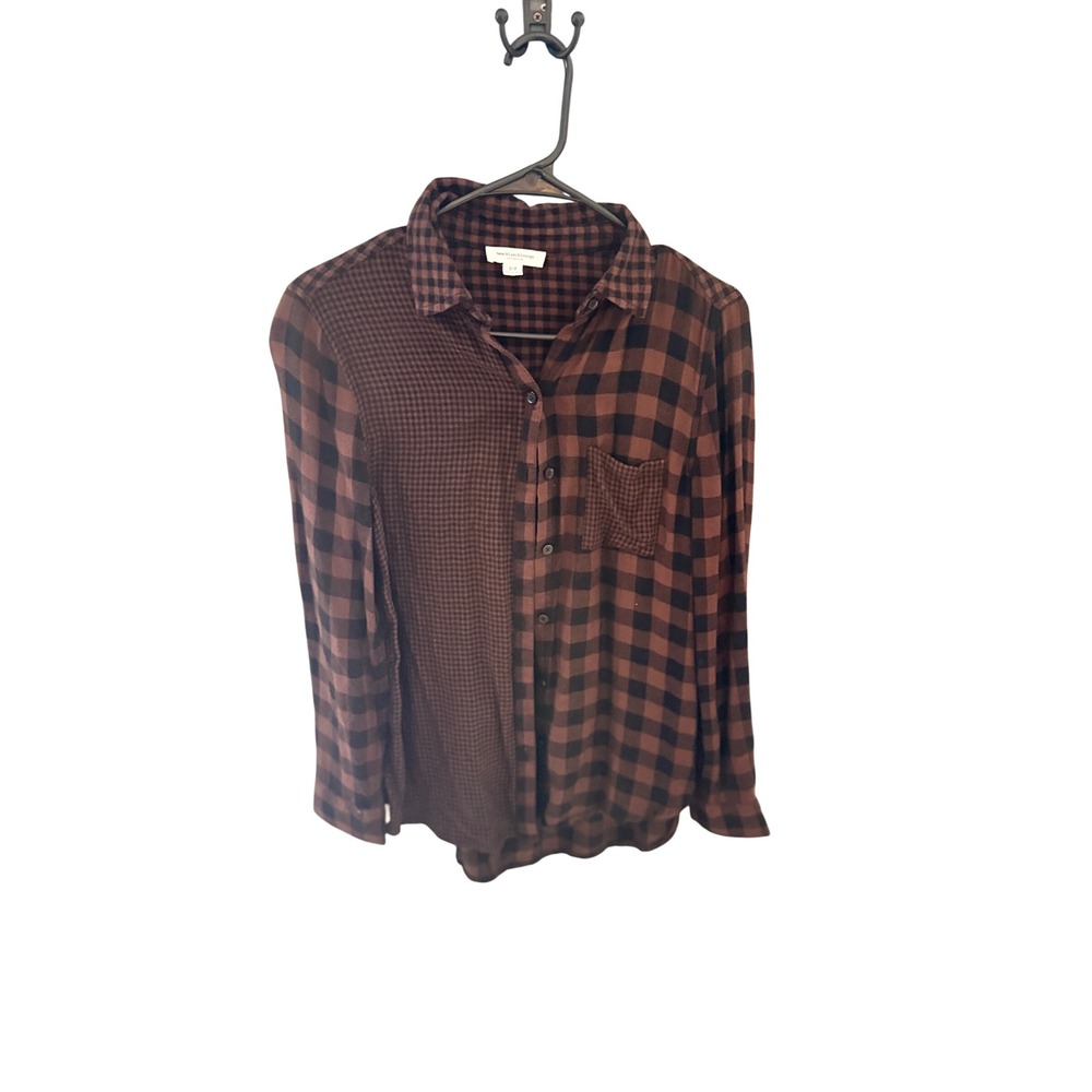 Beachlunchlounge Brown Black Mixed Plaid Houndstooth Button Down Shirt Fall
